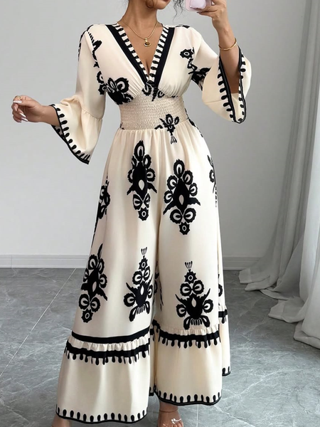

Vacation Bell Sleeve Scramble Paisley V Neck Jumpsuit, As picture, Jumpsuits