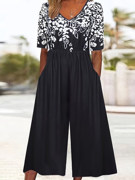 

Women's Gradient Pattern V Neck Half Sleeve Vintage Summer Jumpsuit, Black, Jumpsuits＆Rompers