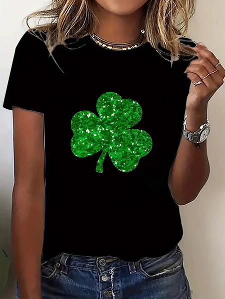 Women's Shamrock Short Sleeve Tee T-shirt Crew Neck Printing Casual Summer Graphic Tee Top, Black, T-Shirts