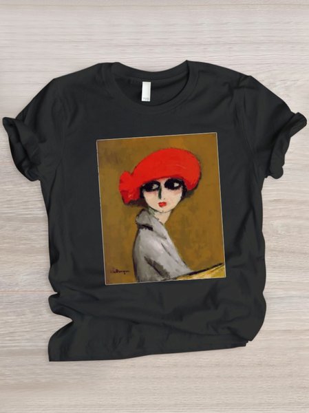 Women's Painting Short Sleeve Tee T-shirt Crew Neck Casual Summer Top, Black, T-Shirts