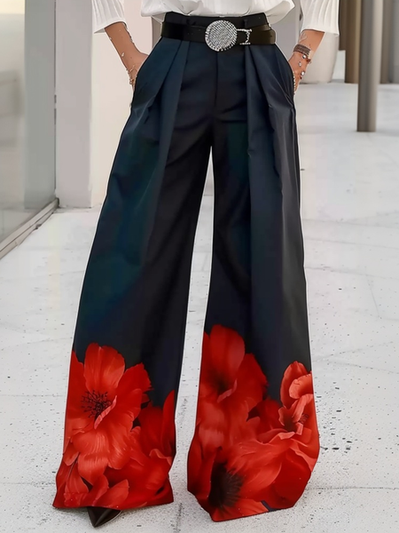 

Casual Floral Buttoned Wide Leg Pants, Black, Pants