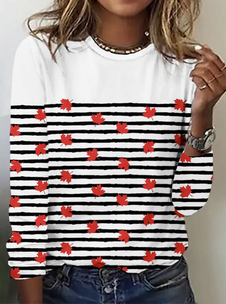 

Casual Striped Crew Neck Long Sleeve T-shirt, White, T-shirts