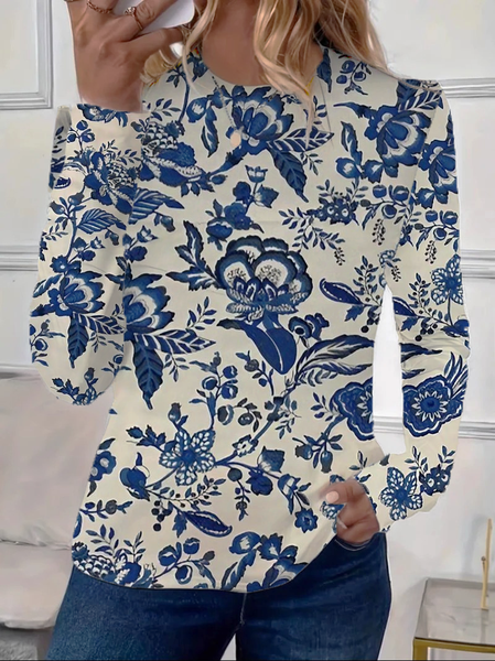 

Women's Spring Floral Print Casual Round Neck Long Sleeve T-Shirt, As picture, Long sleeves