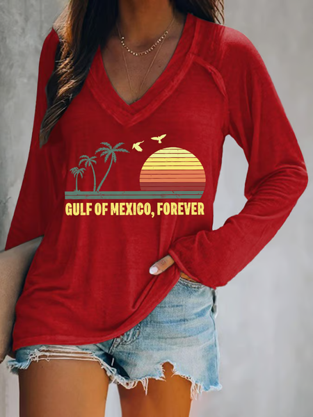 

Women's Gulf Of Mexico Print V Neck T-Shirt, Red, Long sleeves