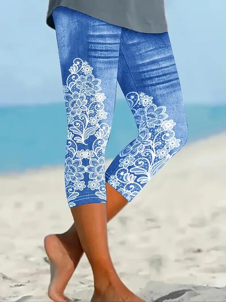 

Women's Faux Denim Floral Spring Print Casual Fashion Leggings, Blue, Pants