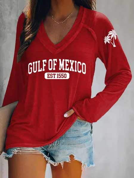 

Women's Gulf Of Mexico Print V Neck T-Shirt, Red, Long sleeves