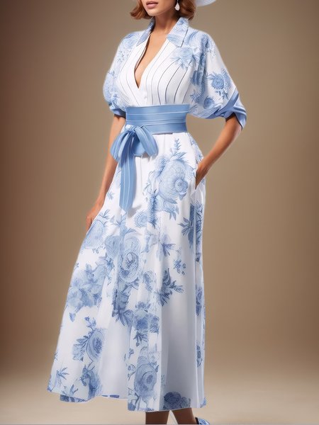 

Vacation Floral V Neck Maxi Dress Belt, As picture, Maxi Dresses