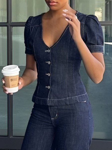 Denim Casual Plain Buttoned V Neck Puff Sleeve Denim Top, Denim blue, Tops