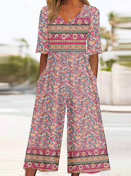 

Women's Ethnic V Neck Half Sleeve Vintage Summer Jumpsuit, Pink, Jumpsuits＆Rompers