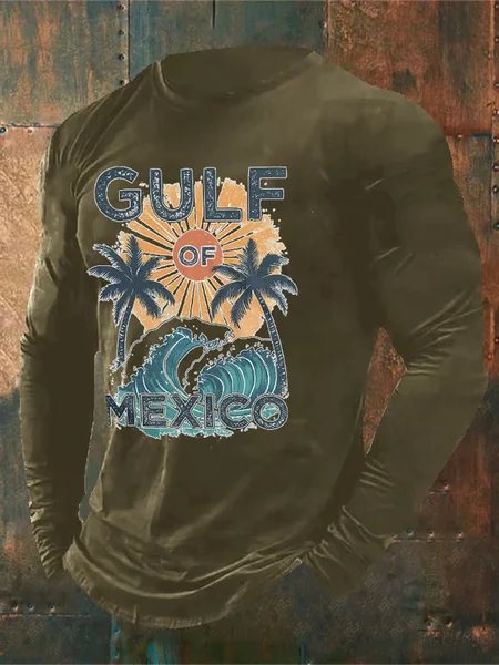

Men's Gulf of Mexico Print Long Sleeve Casual Tee, Army green, Long Sleeves