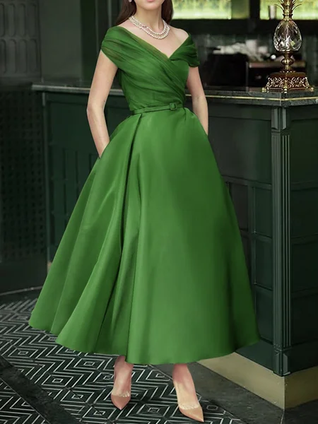 Elegant Plain Mesh Maxi Party Dress With Belt, Green, Maxi Dresses