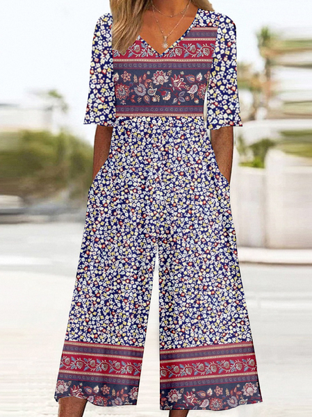 

Women's Ethnic V Neck Half Sleeve Vintage Summer Jumpsuit, Purplish red, Jumpsuits＆Rompers