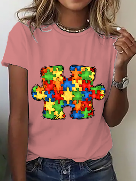 Autism Awareness Puzzle Cotton T-Shirt, Orange pink, T-shirts