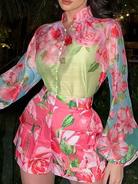

Urban Floral Printing Stand Collar Balloon Sleeve Shirt（ Including suspenders）, As picture, Blouses and Shirts