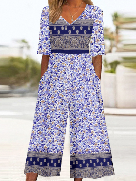 

Women Half Sleeve V Neck Loose Ankle Pants Daily Vintage 3D Printing Natural T-Shirt Jumpsuit, Purple, Jumpsuits&Rompers