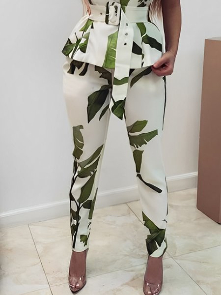 

Urban Plants Printing Slim Fit Pants, White-green, Pants