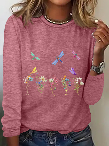 

Dragonflies Wildflowers Casual Long Sleeve Shirt, Watermelon, Long sleeves