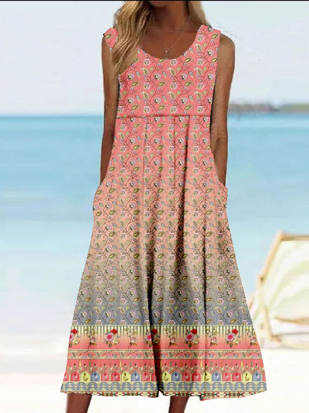 

Women Ethnic Sleeveless Summer Dress Crew Neck Daily Vintage Maxi Tank A-Line Dress, As picture, Dresses