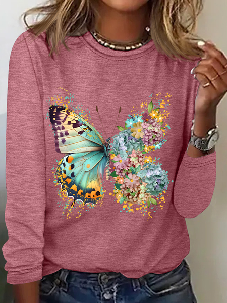 Floral Butterfly Casual Long Sleeve Shirt, Watermelon, Long sleeves