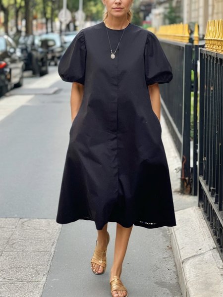 

Cotton Casual Puff Sleeve Loosen Crew Neck Midi Shirt Dress, Black, Midi Dresses