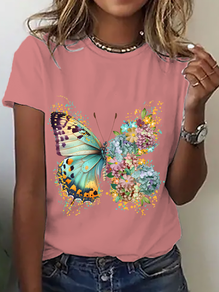 

Floral Butterfly Cotton T-Shirt, Orange pink, T-shirts