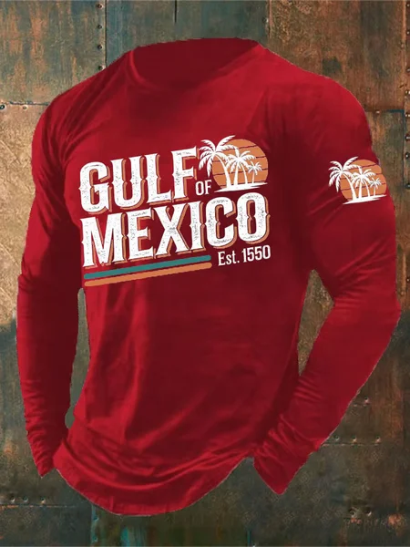 

Men's Gulf of Mexico Print Long Sleeve Casual Tee, Red, Long Sleeves