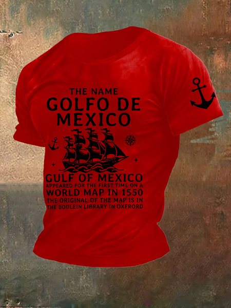 Men'S Retro Gulf Of Mexico Printed Short Sleeve T-Shirt, Red, T-shirts