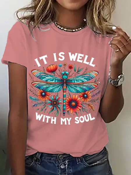 

It Is Well Dragonfly Flower Cotton T-Shirt, Orange pink, T-shirts