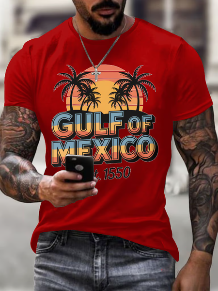 

Men'S Retro Gulf Of Mexico Printed Casual Crew Neck T-Shirt, Red, T-shirts
