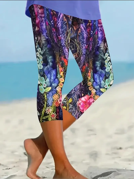 

Women's Floral Capris Elastic Waist Pant Casual Summer Trousers, As picture, Leggings