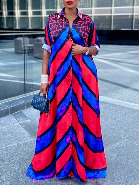 

Urban Striped Printing Shirt Collar Maxi Dress, As picture, Maxi Dresses