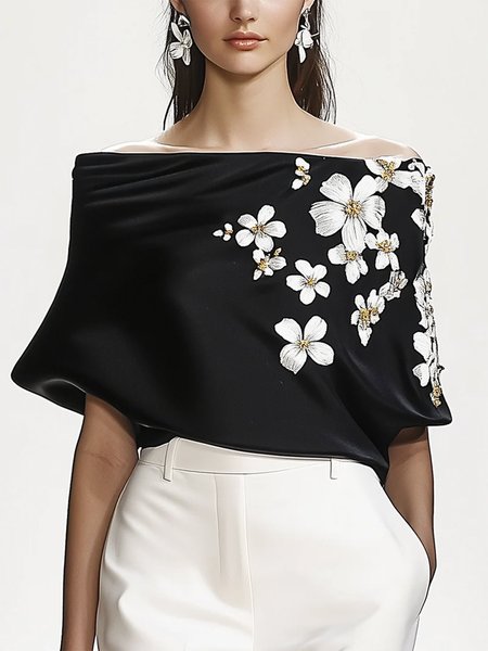 

Casual Floral Printing Cold Shoulder Raglan Sleeve Loosen Blouse, Black-white, Blouses and Shirts