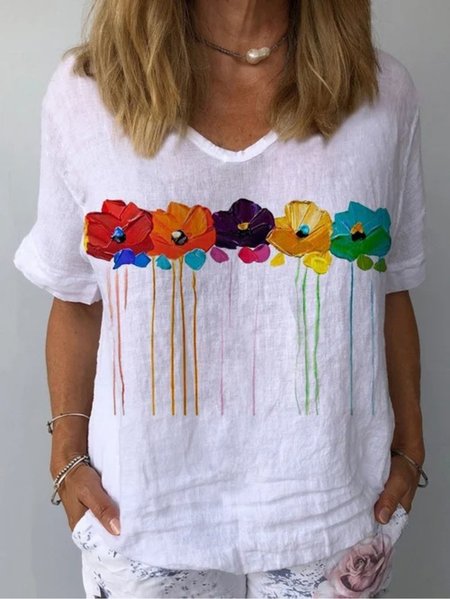 

Casual Floral V Neck Cotton Short Sleeve Loosen Floral Top, White, Tees & T-shirts