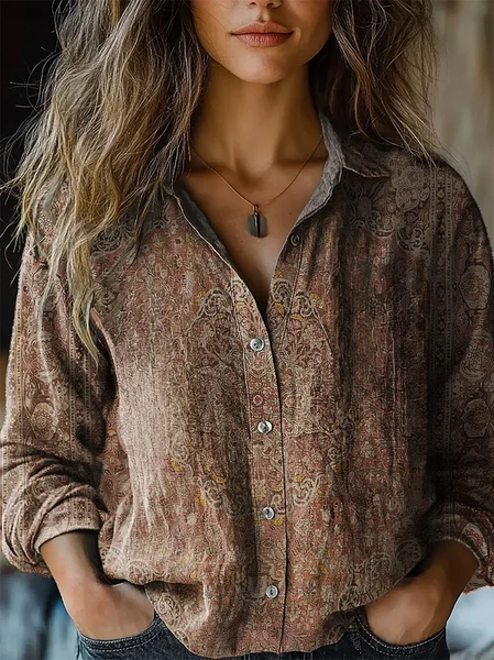 

Women's Vintage Art Print Casual Long Sleeve Comfortable Cotton Shirt, As picture, Blouses