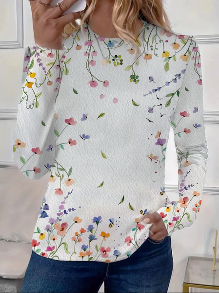 Women's Floral Long Sleeve Tee T-shirt Crew Neck Printing Casual Spring/Fall Graphic Tee Top, White, T-Shirts
