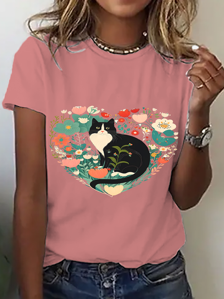 

Floral Tuxedo Cat Cotton T-Shirt, Orange pink, T-shirts