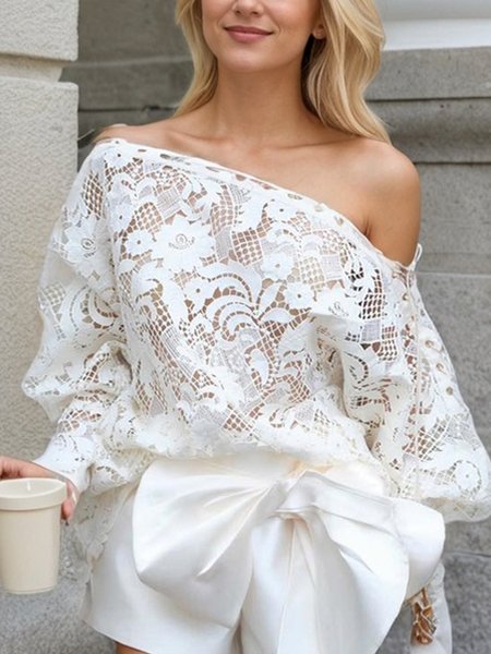 Elegant Loosen Asymmetrical Balloon Sleeve Blouse, White, Blouses and Shirts