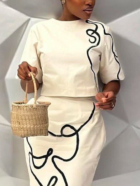 

Elegant Random Print Crew Neck Blouse, As picture, Blouses and Shirts
