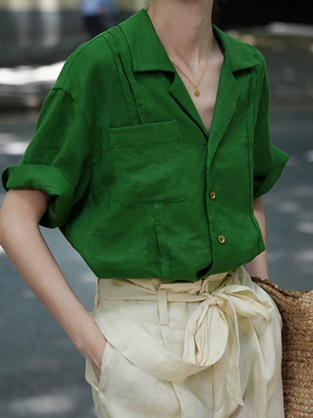 

Cotton And Linen Casual Plain Buttoned Lapel Collar Shirt, Green, Blouses and Shirts