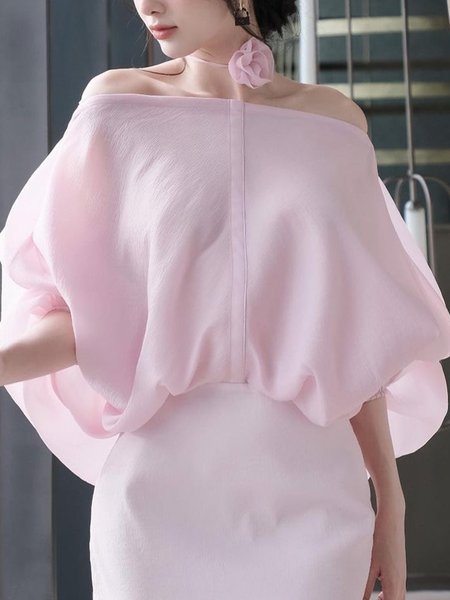 

Elegant Cold Shoulder Dolman Sleeve Blouse 3D Floral Choker, Pink, Blouses and Shirts