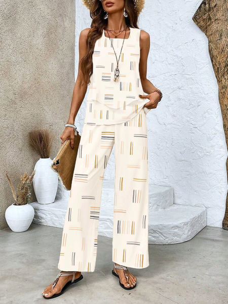 

Women's Striped Printing Two-Piece Set Daily Sleeveless Casual Summer Top With Pants Matching Set, As picture, Suit Set