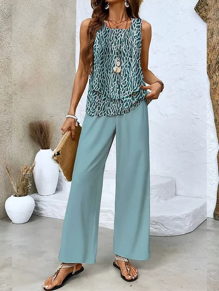 

Women Geometric Crew Neck Sleeveless Comfy Casual Printing Top With Pants Two-Piece Set, Cyan, Sets