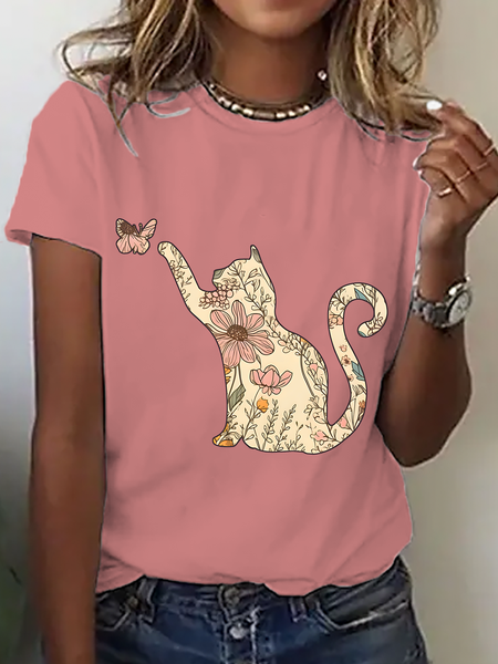 

Wildflowers Cat Cotton T-Shirt, Orange pink, T-shirts