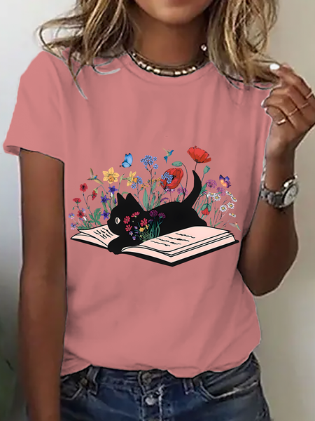 

Cute Floral Cat Cotton T-Shirt, Orange pink, T-shirts
