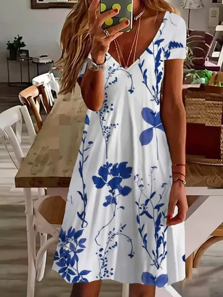

Women's Floral Spring Print Casual V-Neck Short Sleeve Dress, White, Dresses