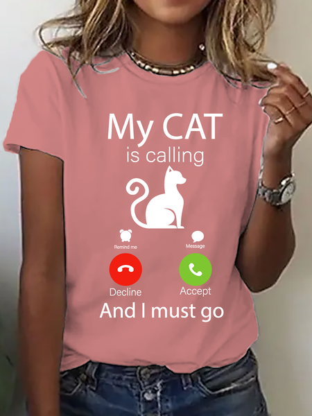 

My Cat Is Calling And I Must Go Cotton T-Shirt, Orange pink, T-shirts