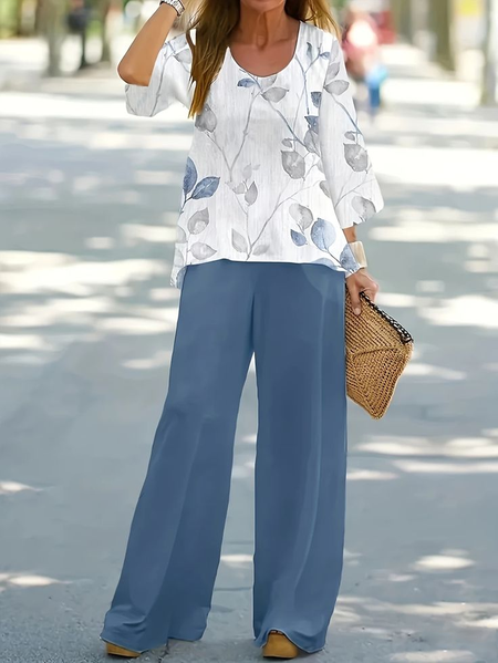 

Women Floral Crew Neck Long Sleeve Comfy Casual Printing Top With Pants Two-Piece Set, Blue, Sets