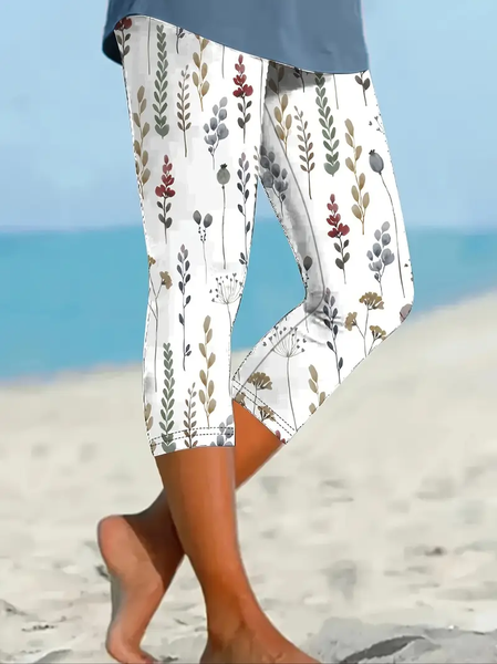 

Women's Floral Capris Elastic Waist Pant Casual Summer Trousers, White, Leggings