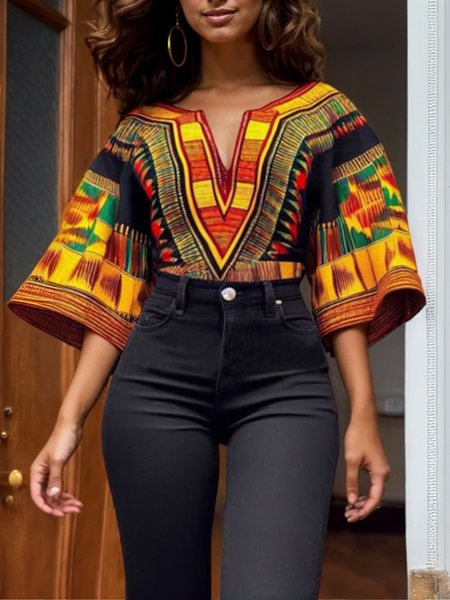 

Casual Random Print Printing Notched Raglan Sleeve Blouse, As picture, Blouses and Shirts