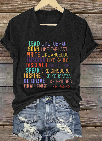 

Casual Text Letters V Neck Short Sleeve T-shirt, Black, T-shirts